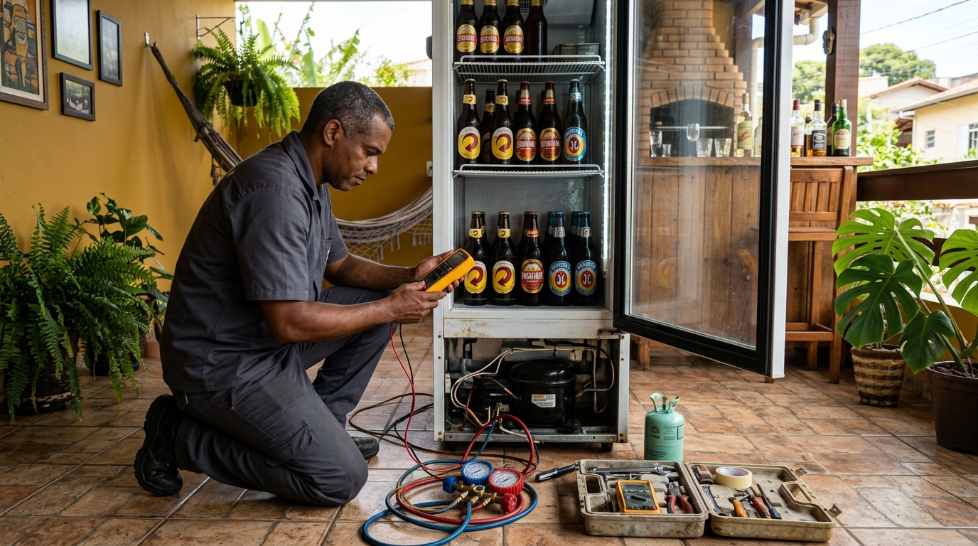 Placa eletrônica de cervejeira em reparo na bancada na Zona Leste de São Paulo‑SP