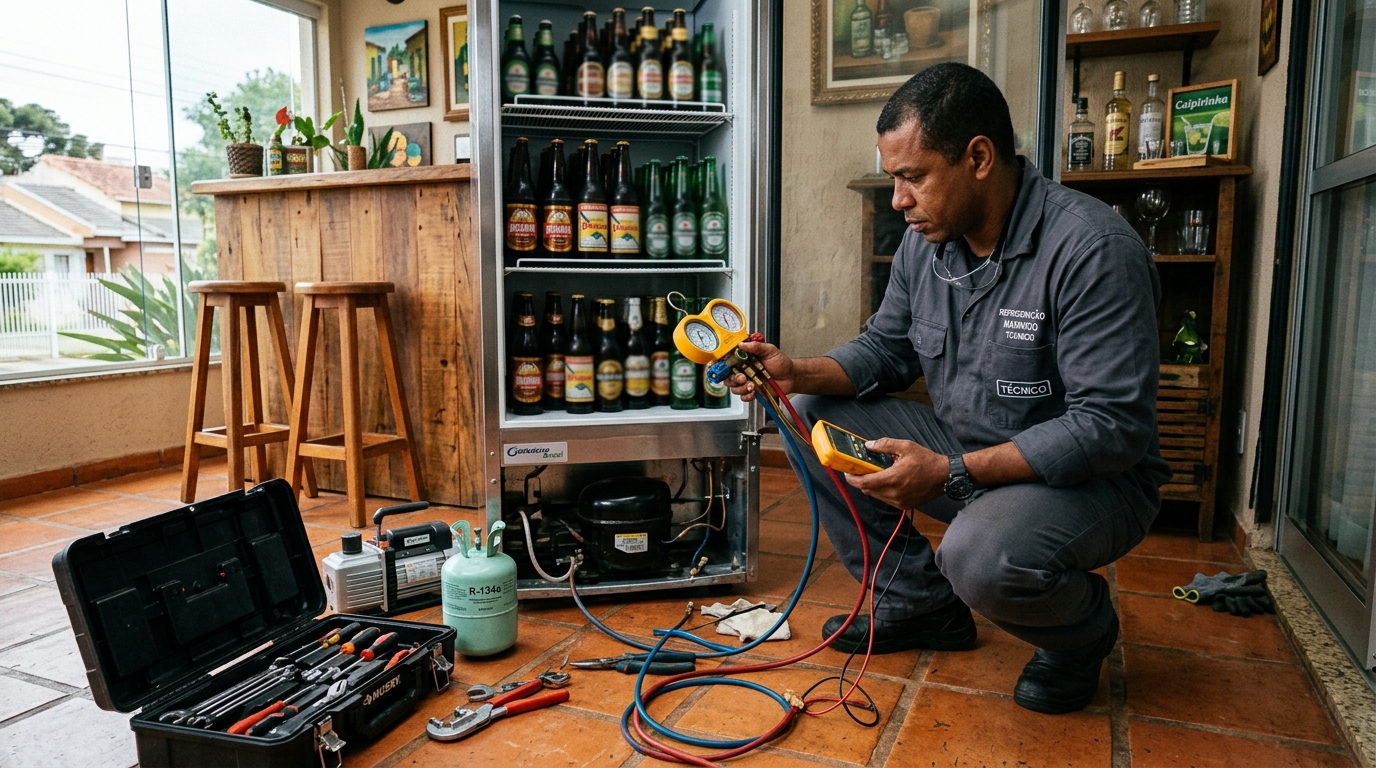 Técnico revisando o motor de uma cervejeira durante chamado na Zona Leste de São Paulo‑SP