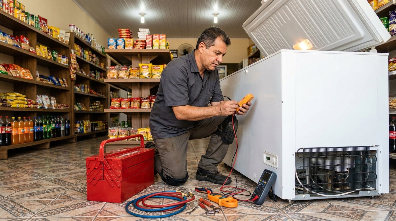 Manômetro conectado ao circuito durante recarga de gás de freezer na Zona Leste de São Paulo‑SP