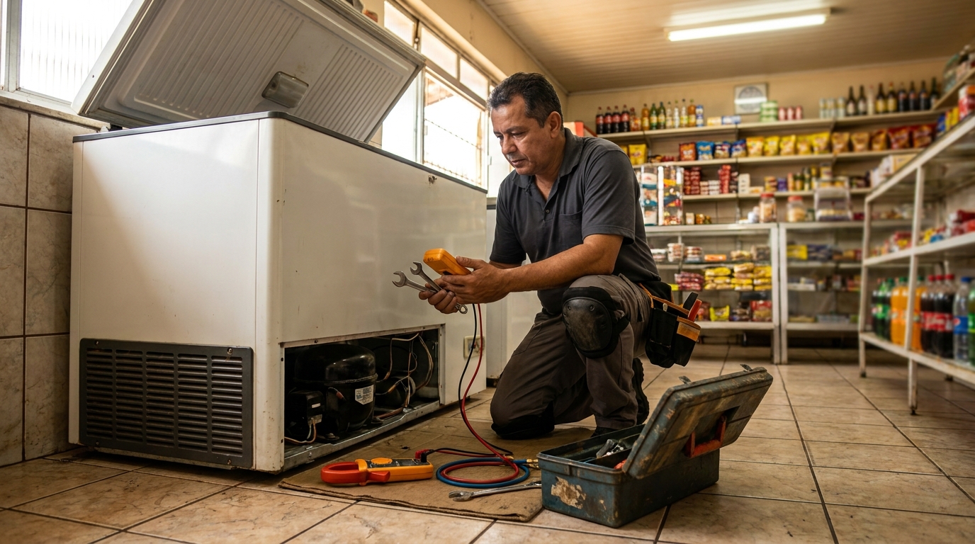 Técnico avaliando um freezer vertical durante atendimento na Zona Leste de São Paulo‑SP