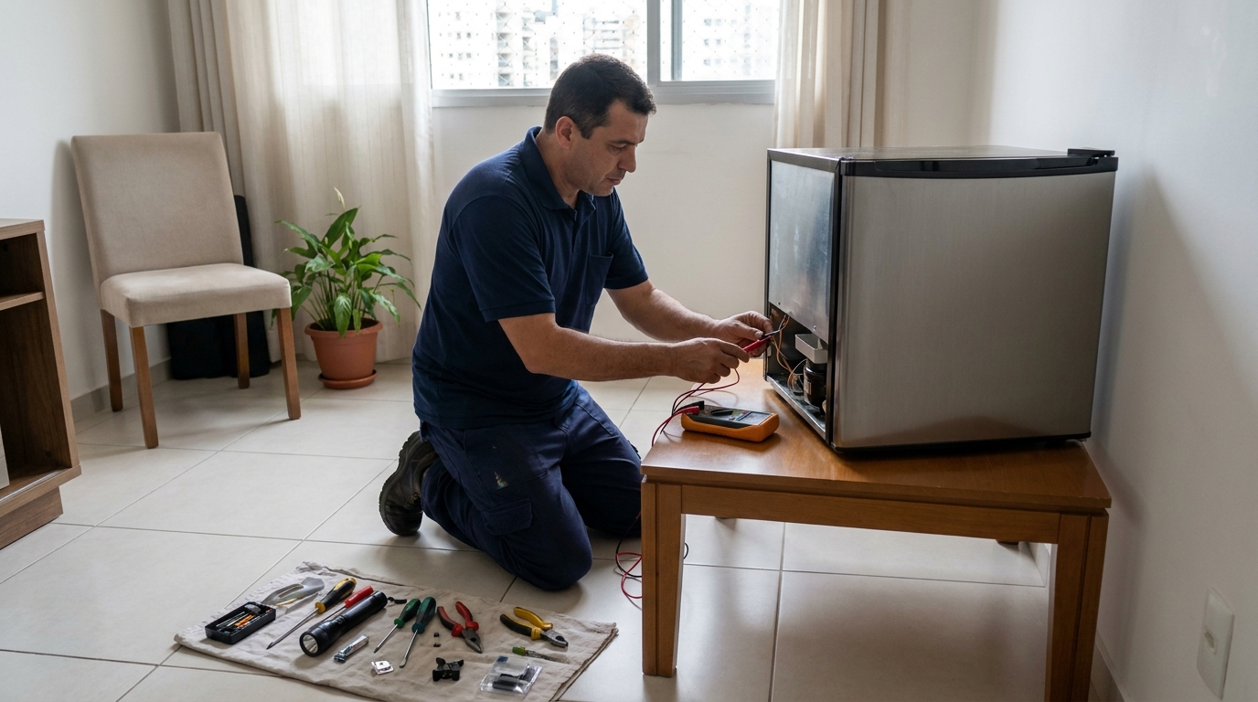 Técnico avaliando um frigobar compacto durante atendimento na Zona Leste de São Paulo‑SP